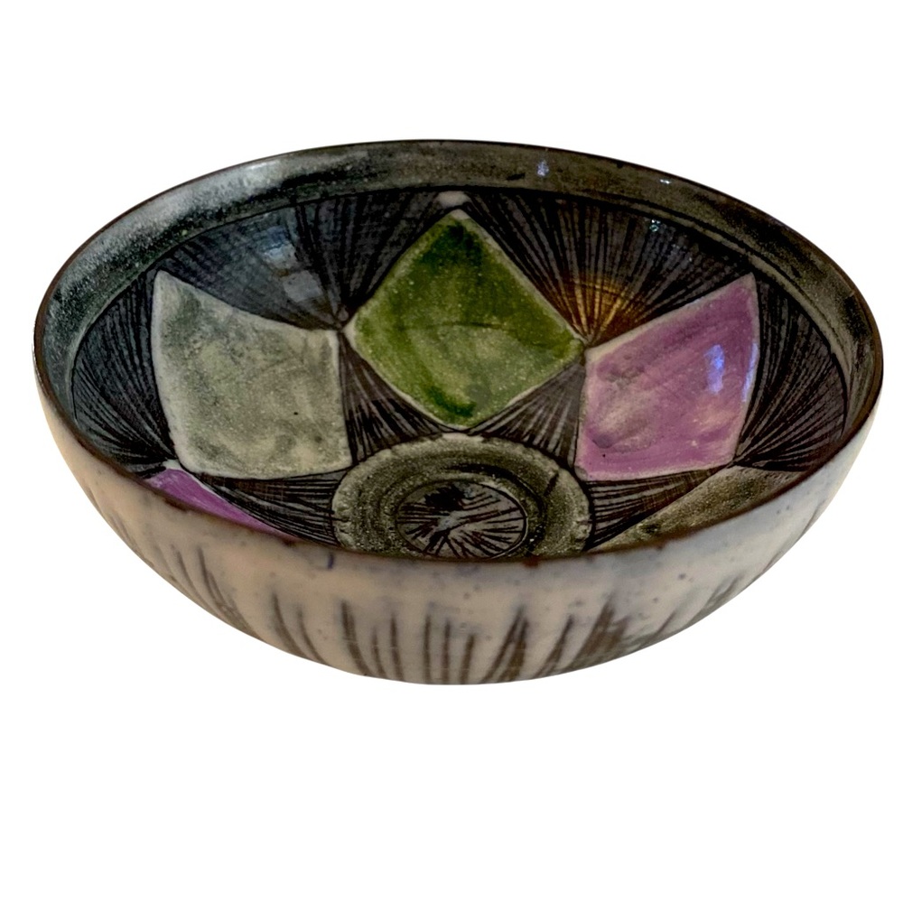 Laholm Swedish Studio Art Pottery Sgraffito Small Bowl Signed Vtg 1960-70 HTF